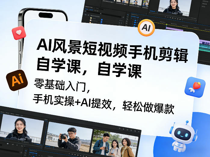 AI风景短视频手机剪辑自学课，零基础入门，手机实操+AI提效，轻松做爆款-难事易副业库