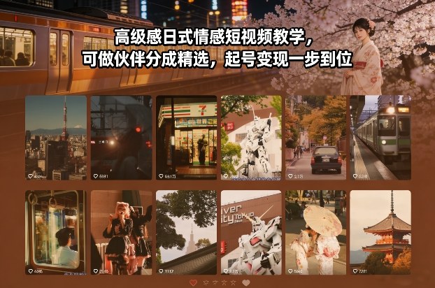 高级感日式情感短视频教学，可做伙伴分成精选，起号变现一步到位-难事易副业库